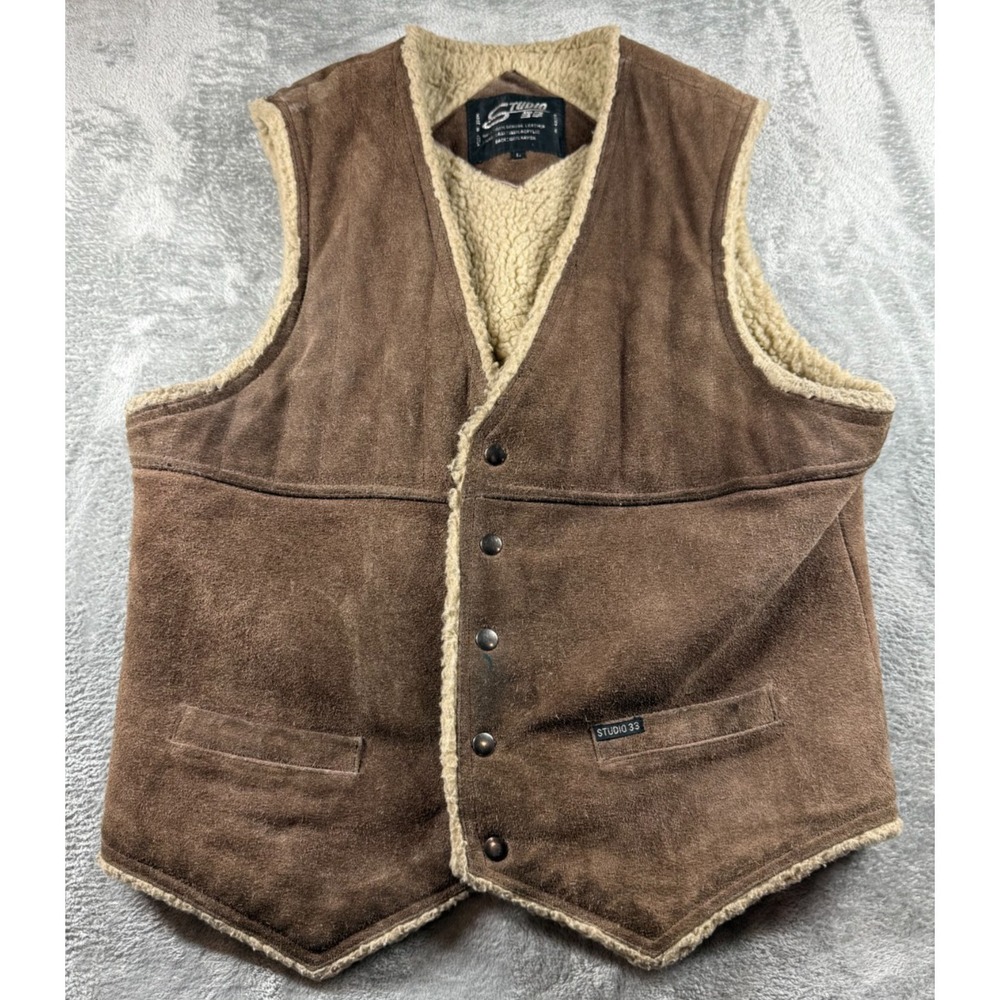 Vtg Studio 33 Leather Sherpa Vest Brown Western Suede Lined Men's Large‎ Korea